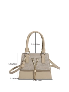 Beige faux leather handbag with gold V tassel detail and dimensions of 19x15x8cm