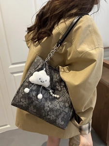 Large dark grey printed tote bag with metal chain and plush charm for women