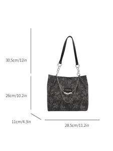 Large capacity floral jacquard tote bag with elegant pearl chain and dimensions marked