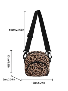 Compact leopard print crossbody bag with dimensions and adjustable strap for women