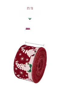 Detailed view of 5cm wide red Christmas ribbon featuring gnome and snowflake patterns