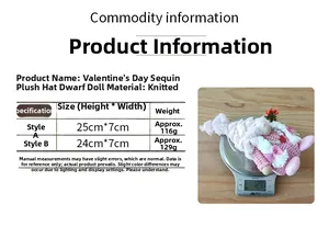 Détail montrant la mesure du poids et les matériaux des gnomes roses de Saint-Valentin