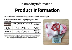 Size chart showing dimensions and weight for LED Valentine heart knit gnome figurines