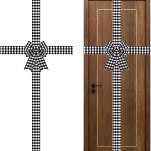 Christmas buffalo plaid door ribbon with a large decorative bow for home decor