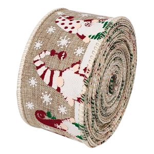 Burlap Christmas ribbon roll with gnome and snowflake prints for tree decoration