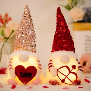 LED Lighted Valentine Day Sequin Gnome Decoration Faceless Plush Doll With Love Heart Bow For Romantic Home Party Ornament Gift