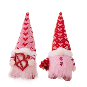 Valentine's Day gnome plush duo with heart knits, holding rose and bow, for home decor