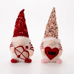 Pair of Valentine Gnomes with red and pink sequin hats and Love heart decorations