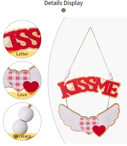 Détails de l'ornement cœur KISS ME en bois de Saint-Valentin avec corde et perles