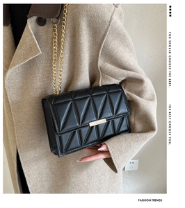 Close-up of black quilted leather shoulder bag with gold chain strap on a model coat