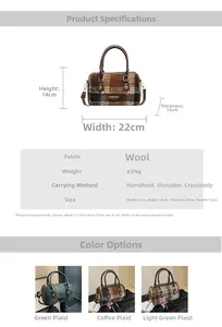 Größentabelle für Woll-Handtasche mit Karomuster, 22cm Breite und Trageoptionen