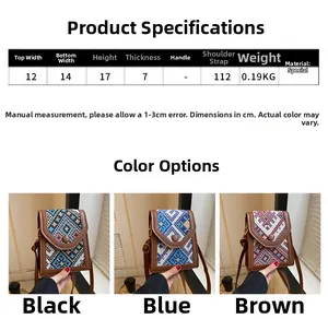 Size chart and dimensions for ethnic style crossbody bag in black, blue, and brown colors