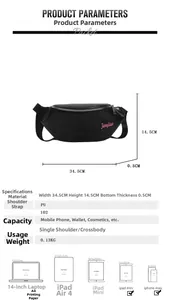 Dimensions détaillées du sac de poitrine en PU noir avec logo rose et guide de taille
