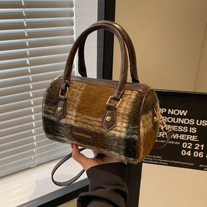 Retro Plaid Woolen Boston Bag Vintage Cylindrical Crossbody Handbag With PU Leather Trim For Women Winter Fashion