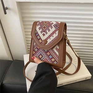 Crossbody Phone Bag PU Leather Ethnic Weaving Geometric Pattern Flap Cover Retro Bohemian Style For Women