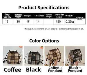 Detailed size guide for plaid drawstring bucket bag with dimensions and specifications