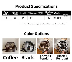 Detailed size chart for retro quilted bucket bag with dimensions and material specs