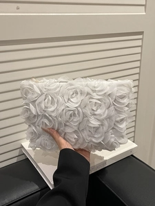Elegant 3D Chiffon Flower Clutch Bag PU Leather Mesh Rose Evening Shoulder Bag For Party Wedding Banquet Lady