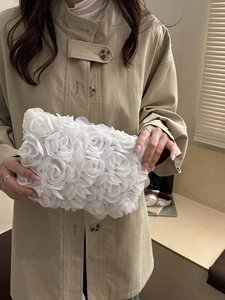 Elegant white 3D mesh flower handbag for women with exquisite rose embroidery details