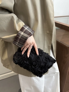Elegant black handbag with 3D mesh floral embroidery for evening parties and luxury events