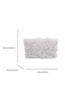 Elegant white mesh floral evening handbag with 3D roses and specific dimensions shown
