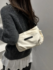 Minimalist cream pleated nylon shoulder bag with JINGPIN logo for casual autumn fashion