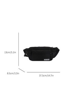 Minimalistische schwarze Umhängetasche mit vielen Taschen und Größenmaßen im Bild
