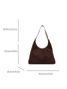 Leopard print hobo shoulder bag with size dimensions in cm and inches