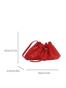 Red drawstring handbag with studs and 33x18.5cm size dimensions displayed on white background