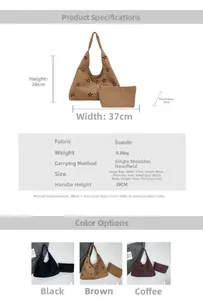 Detailed size specifications of suede tote bag with laser-cut floral patterns