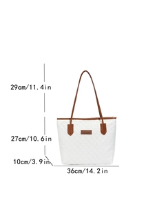 Quilted tote bag with brown straps and dimensions of 36cm wide by 27cm high