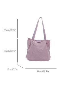 Light purple nylon tote bag dimensions showing width height and strap drop length