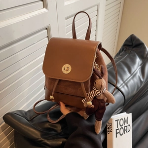 Vintage dark brown oil painting style leather backpack with golden lock and rabbit charm