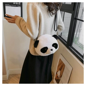 Close-up of a cute panda plush crossbody bag featuring soft faux fur and black straps