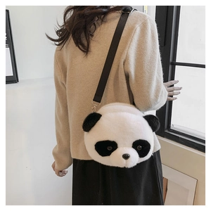 Close-up of cute panda plush bag with adjustable black nylon wide shoulder strap