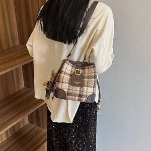 Retro plaid tweed bucket bag for women with leather trim and cute rabbit charm