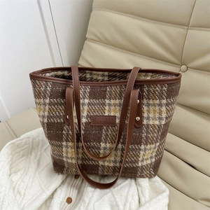Borsa Tote Grande Capacità Quadri Lana Tweed Pelle PU Borsa A Spalla Donna Vintage Pendolare Quotidiano Inverno Autunno