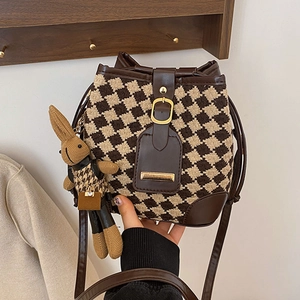 Vintage checkered bucket bag in coffee and beige with a cute rabbit plush pendant