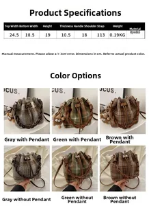 Detailed size specifications and three color options for the plaid wool bucket bag