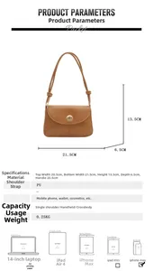Detailed product size guide and capacity chart for this brown PU leather crossbody bag