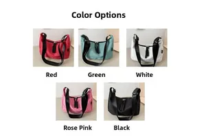Detailed grid view of nylon hobo bags in red, green, white, rose pink, and black colors