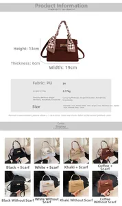 Detailed size specifications and color matrix for the mini PU leather crossbody handbag