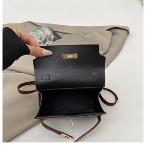 Detailed interior view of dark brown suede handbag with golden buckle and black lining
