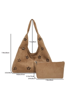 Brown suede hobo tote bag with hollow laser-cut flower patterns and small inner pouch