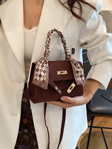 Dark brown suede Kelly style handbag with patterned scarf handle and gold twist lock