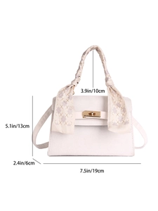 White minimalist crossbody bag with gold buckle and scarf handle, 19x13x6cm size