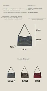 Size chart showing 23x18cm dimensions for the sequined shoulder bag in gold silver red