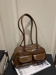 Vintage Glossy PU Leather Shoulder Bag For Women Multi Pocket Large Capacity Handbag Casual Commute Underarm Bag
