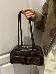 Retro dark brown patent leather shoulder bag with double front pockets and silver zippers