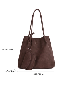 Retro large capacity tote bag in dark brown suede with size dimensions 33x29x12cm